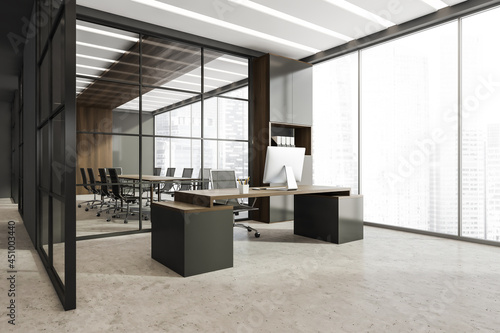 Grey furniture in panoramic CEO office with conference room background