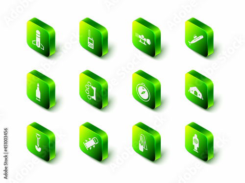 Set Walkie talkie, Sniper optical sight, Submarine, Military medical tent, Human target sport for shooting, Compass, Cocktail molotov and Rocket icon. Vector