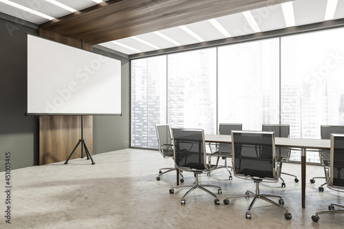 Panoramic grey meeting room with flip chart