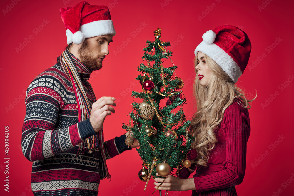 woman with a Christmas tree in her hands next to a man holiday family christmas woman with a Christmas tree in her hands next to a man holiday family christmas