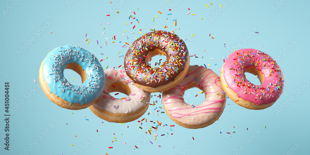 Fototapeta Flying Frosted sprinkled donuts. Set of multicolored doughnuts with sprinkles isolate on color background. 3d rendering.