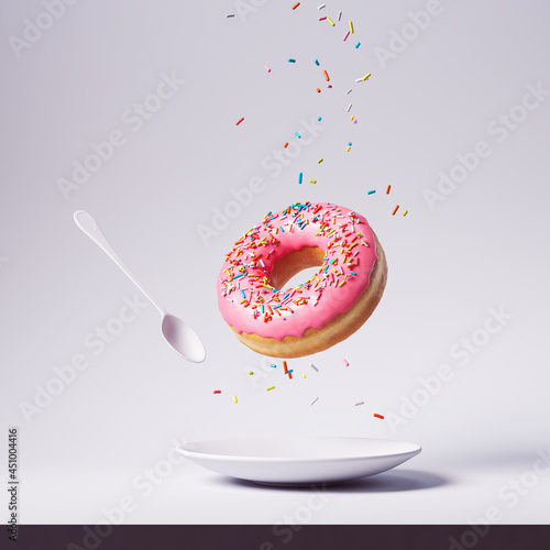 Fotografie, Obraz ink frosted donut with colorful sprinkles drop on the White plate isolate on color background