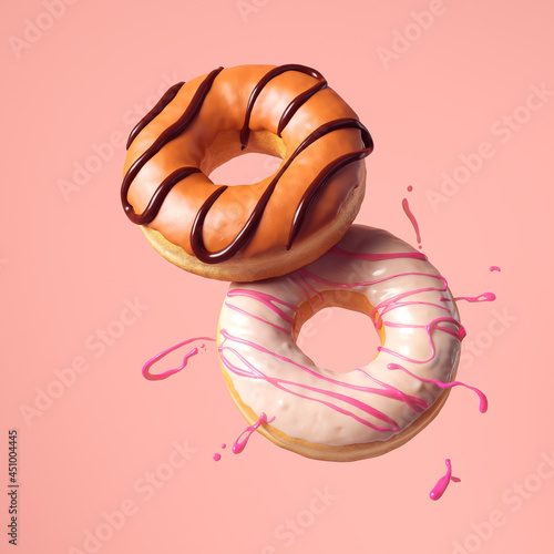Valokuva Flying donut or doughnuts isolate on color background