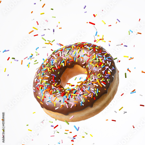 Fotografia Flying Frosted sprinkled Chocolate donut or doughnut isolate on white background