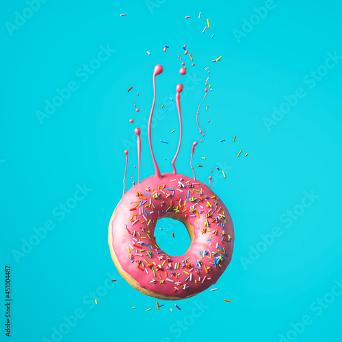 Flying Frosted sprinkled donut, Melted pink icing isolate on blue background. 3d rendering.