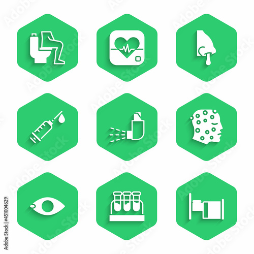 Set Inhaler, Test tube with blood, Hospital bed, Psoriasis or eczema rash, Blindness, Syringe, Runny nose and Constipation icon. Vector