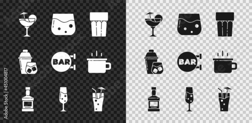 Set Cocktail, Glass of whiskey, with water, Whiskey bottle, champagne, shaker and Street signboard Bar icon. Vector