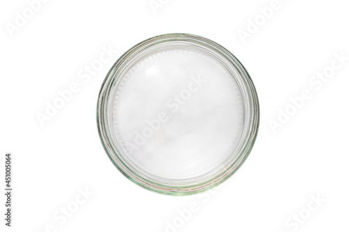 Round empty glass jar. Glass jar for spices. View from above.