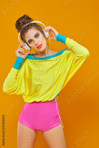 bright girl listens to music