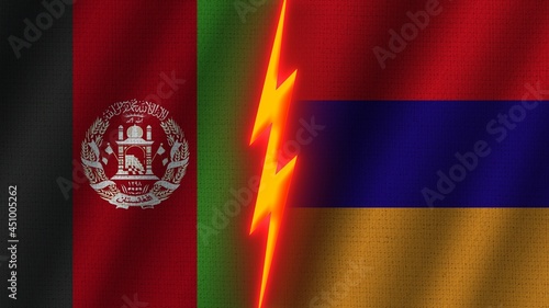 Armenia and Afghanistan Flags Together, Wavy Fabric Texture Effect, Neon Glow Effect, Shining Thunder Icon, Crisis Concept, 3D Illustration