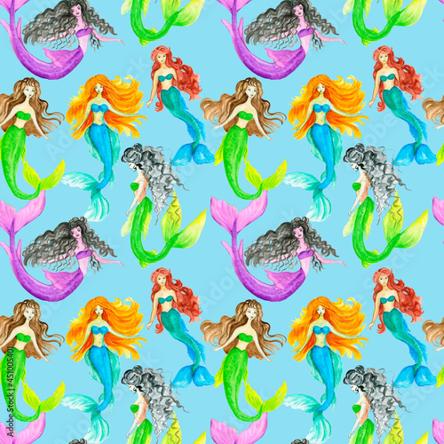 Seamless pattern Funny Color Seamless Pattern With Mermaids depicting marine life  ocean animals  sailor  Underwater multicolored seamless pattern.Watercolor background of the sea world with a cute me