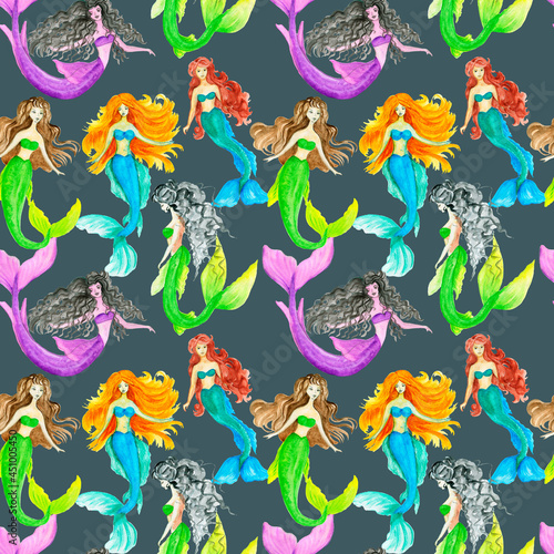 Seamless pattern Funny Color Seamless Pattern With Mermaids depicting marine life  ocean animals  sailor  Underwater multicolored seamless pattern.Watercolor background of the sea world with a cute me