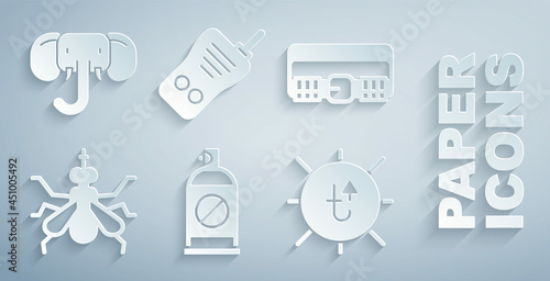 Set Spray against insects, Hunting cartridge belt, Mosquito, Sun, Walkie talkie and Elephant icon. Vector