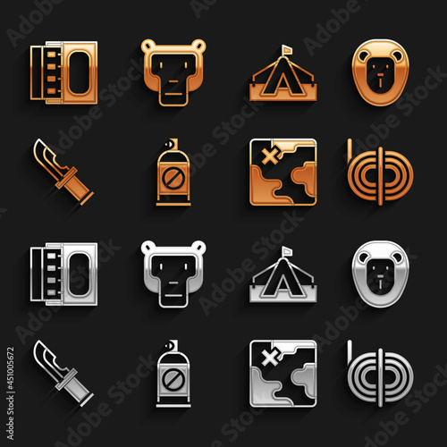 Set Spray against insects, Wild lion, Climber rope, Africa safari map, Hunter knife, Tourist tent, Matchbox and matches and Monkey icon. Vector