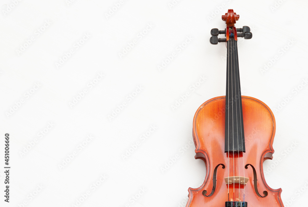 Fototapeta premium A violin on a white background. A musical instrument. Music school. Violin close-up.