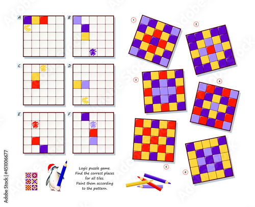 Logic puzzle game for children and adults. Find correct places for all tiles. Paint them according to pattern. Coloring book. Page for kids brain teaser book. Developing spatial thinking. Play online.