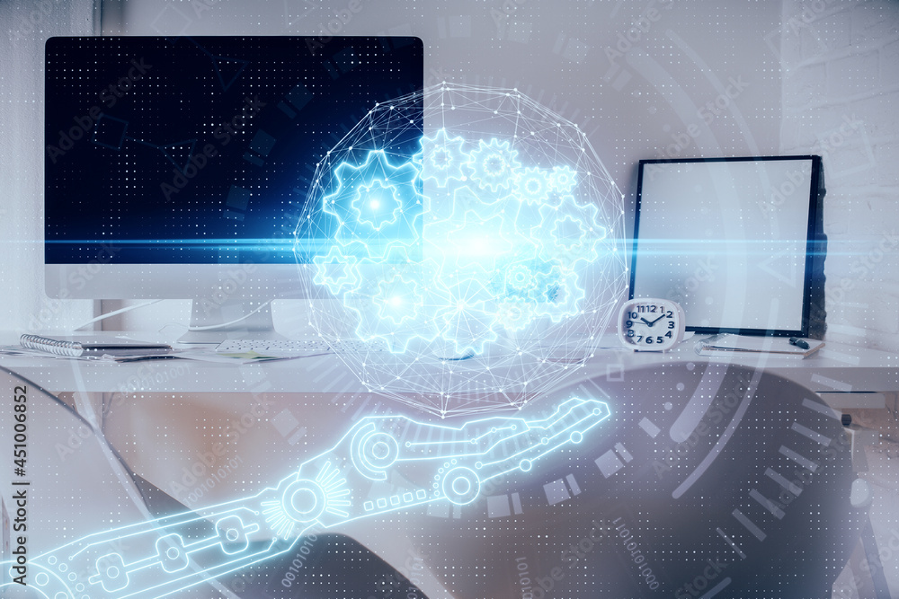 Multi exposure of data theme drawing and office interior background. Concept of technology. Multi exposure of data theme drawing and office interior background. Concept of technology.