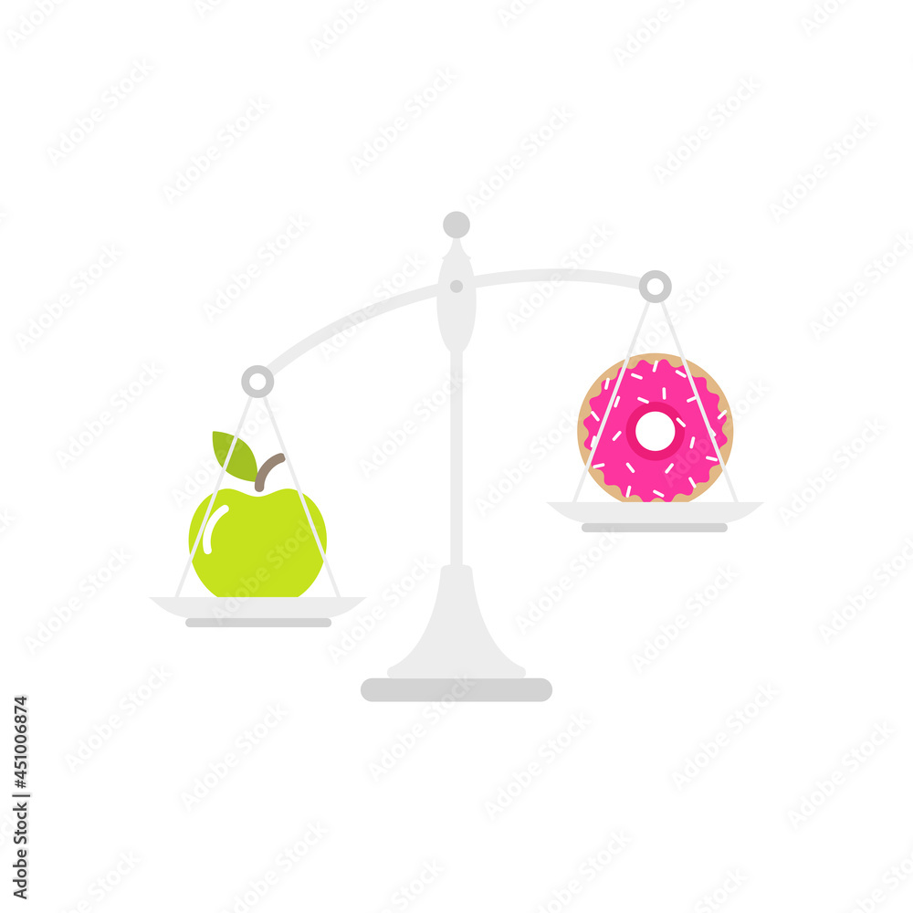 Apple and doughnut on scales. Diet concept. Healthy and unhealthy food. Apple and doughnut on scales. Diet concept. Healthy and unhealthy food.