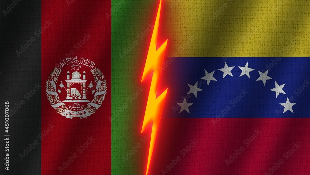Venezuela and Afghanistan Flags Together, Wavy Fabric Texture Effect, Neon Glow Effect, Shining Thunder Icon, Crisis Concept, 3D Illustration