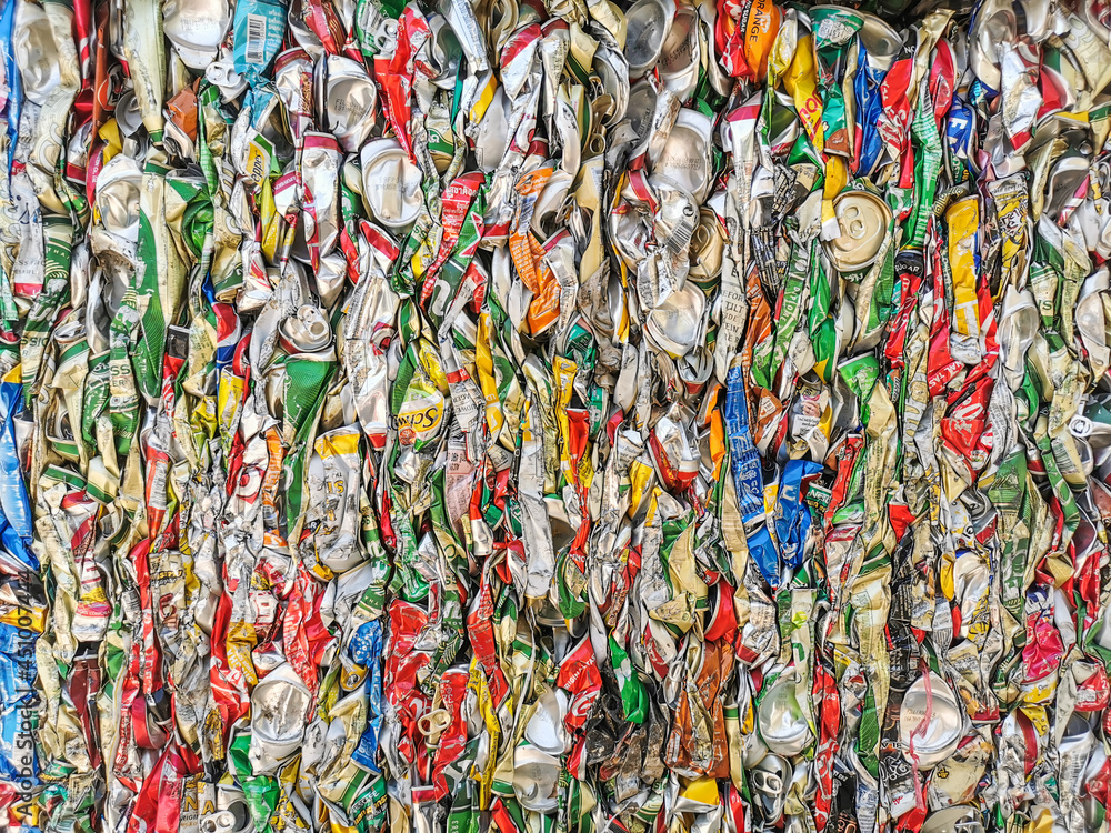 pile of old aluminum beverage cans prepare for recycle
