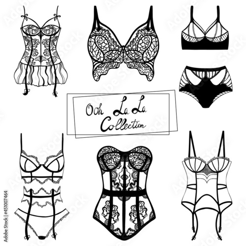 Collection of lace underwear and corsets with boudoir style