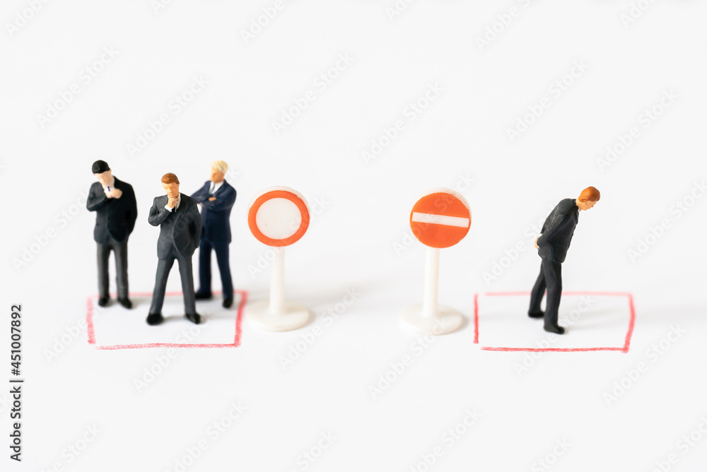 Miniature people Group Business man mini figures standing thinking on Organization Sign on white background using as Success Career development successor and Department Strategy Planning concepts Miniature people Group Business man mini figures standing thinking on Organization Sign on white background using as Success Career development successor and Department Strategy Planning concepts