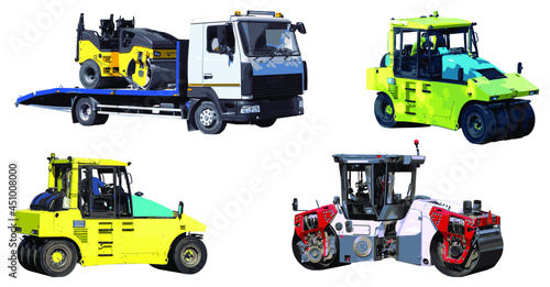 Road rollers of various designs for soil compaction isolated on a white background. Transportation of the road roller on a stationary tow truck platform. Illustration. Vector, eps10.