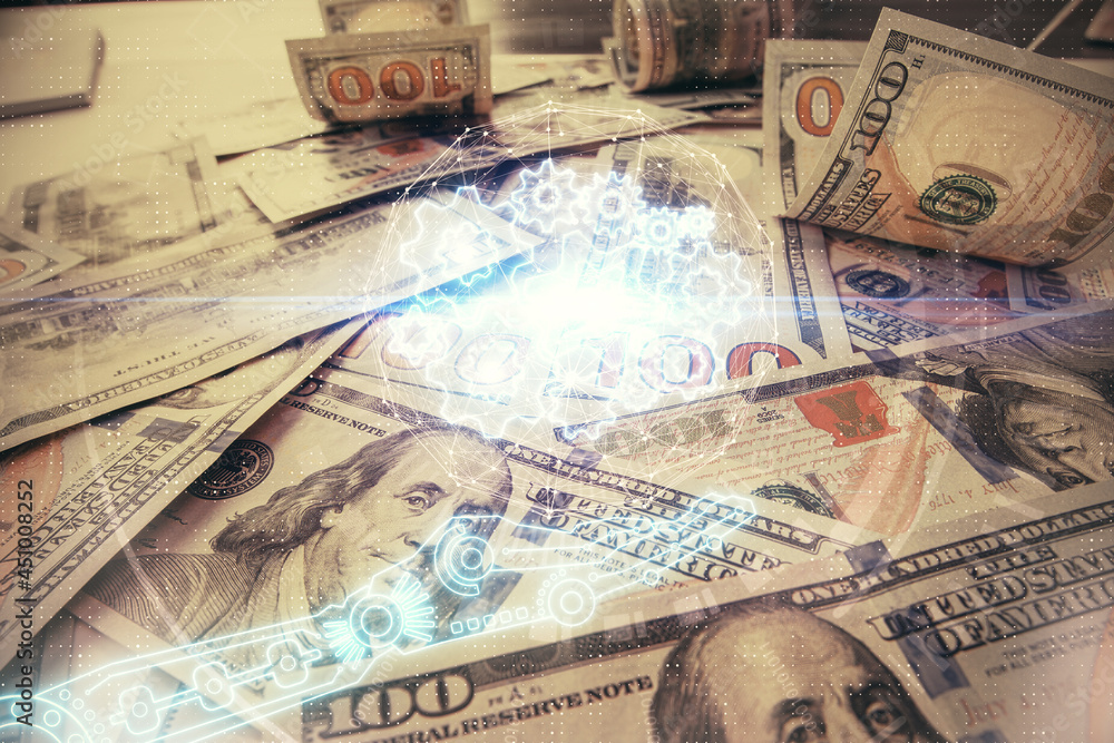 Double exposure of data theme drawing over us dollars bill background. Technology concept. Double exposure of data theme drawing over us dollars bill background. Technology concept.