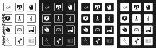Set Drum, Guitar, Music note, tone, Trumpet, Treble clef, Voice assistant and sticks icon. Vector