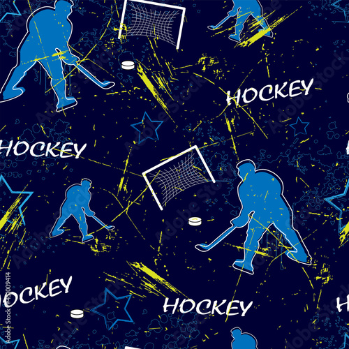 Abstract seamless sport pattern for boys. hockey players and grunge background