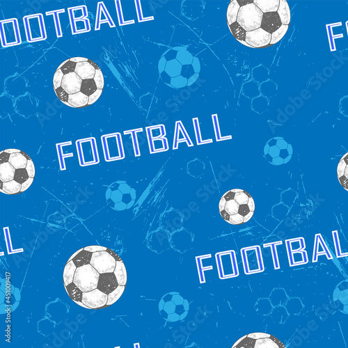 Soccer seamless pattern for boys. Soccer ball  text and grunge texture.