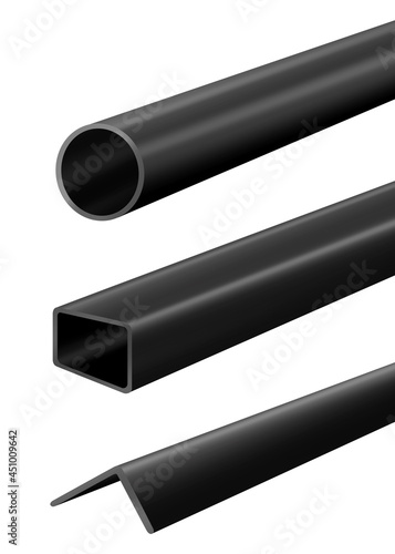 Black steel profiles and tubes isolated on white background. Different steel.