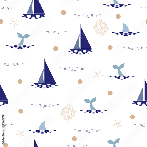 Modern sea background with whale tail, ship, wave and ocean elements. Seamless pattern, vector illustration, EPS 10