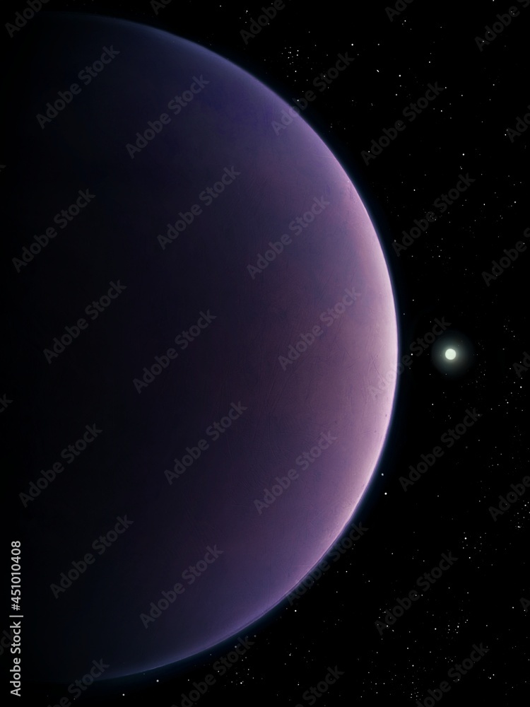 Distant purple planet and star in the background. Close-up of an earth-like exoplanet with an atmosphere 3d rendering. 