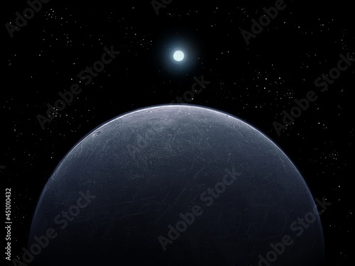 Star over alien planet, Earth-like exoplanet, super-earth planet, view from space 3d rendering.