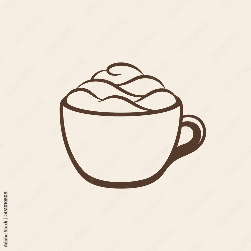 Cup of beverage with foam and cream on mug outline line art. Simple minimal flat clip art, icon or logo for cafe shops, beverages, caffeine, restaurants, etc. Vector illustration. Cup of beverage with foam and cream on mug outline line art. Simple minimal flat clip art, icon or logo for cafe shops, beverages, caffeine, restaurants, etc. Vector illustration.