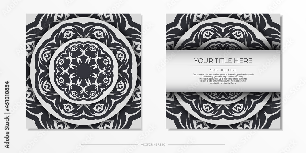 Luxurious white postcard preparation with abstract ornament. Template for design printable invitation card with mandala patterns.