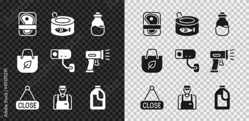 Set Meat packaging steak, Canned fish, Spice can, Hanging sign with Closed, Seller, Bottle for cleaning agent, Shopping bag recycle and Security camera icon. Vector