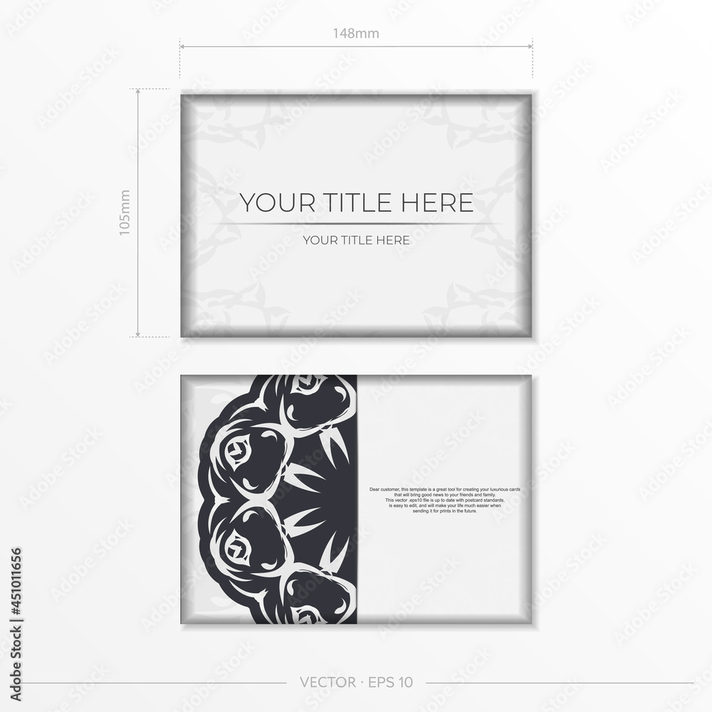 Luxurious white postcard preparation with abstract ornament. Vector Template for printable design invitation card with mandala patterns.