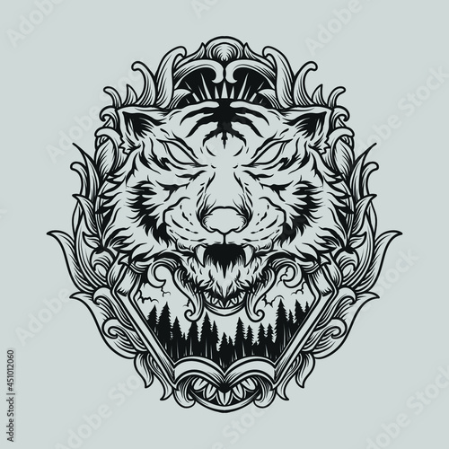 tattoo and t shirt design black and white hand drawn tiger engraving ornament