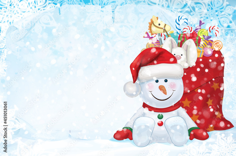 Vector Merry Christmas card. Cute snowman cartoon with presents, greeting card for winter holidays.