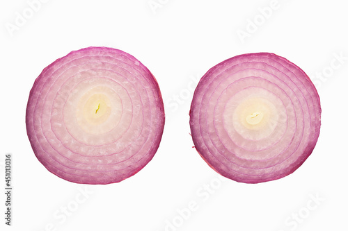 Sliced of Fresh Red onions isolated on a white background.