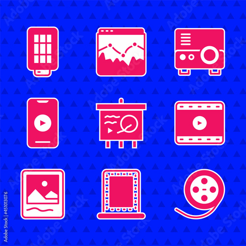 Set Scenario on chalkboard, Makeup mirror with lights, Film reel, Play Video, Photo frame, Online play video, Media projector and Softbox icon. Vector
