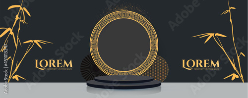 3D podium. Round stage with chinese traditional elements and bamboo. Asian promotion design pemplate. Chinese new year.