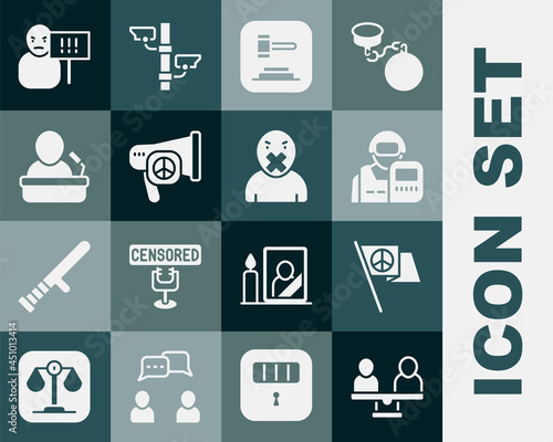 Set Gender equality, Peace, Police officer, Judge gavel, Speaker, Protest and Censor and freedom speech icon. Vector