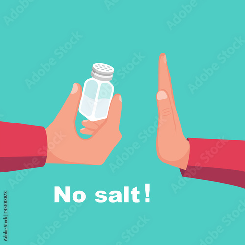 No salt. Human gesture hand refuses to salty. Salt free. Harmful product. Healthy lifestyle. Vector illustration flat design. Isolated on white background.