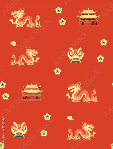 China seamless pattern with dragon, pagoda and flowers. Traditional chinses style.
