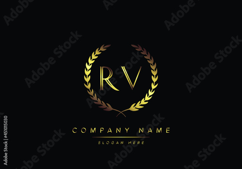 Alphabet letters RV monogram logo, gold color, luxury style