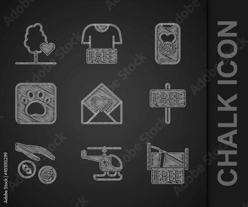 Set Envelope with Valentine heart, Rescue helicopter, Free overnight stay house, sign, Donation and charity, Paw print, and Volunteer team planting trees icon. Vector