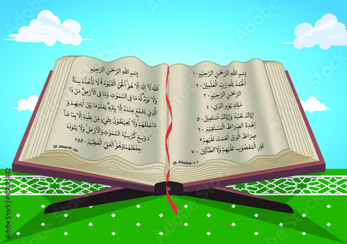 Vector illustration of the book of Al Quran with Surah Al Fatihah 1-7 and the Quran Surah Al Baqarah 255 with a green carpet background and blue sky photo
